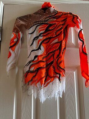 Rhythmic Gymnastics Leotard Flame Fire Design Rhinestones Girls Size 6-7